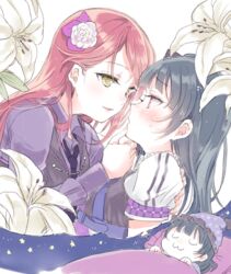  2girls :3 arm_around_back black_hair blush closed_eyes commentary_request dreaming duplicate eye_contact flower grabbing_another&#039;s_chin hair_flower hair_ornament hand_on_another&#039;s_chin imminent_kiss lily_(flower) long_hair long_sleeves looking_at_another love_live! love_live!_sunshine!! multiple_girls nakayama_miyuki necktie pixel-perfect_duplicate red_hair sakurauchi_riko sleeping strawberry_trapper teruyof tsushima_yoshiko vest yellow_eyes yuri 