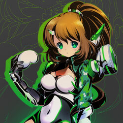  black_gloves breasts brown_hair choker cleavage commentary_request covered_navel divine_gate female gauntlets glasses gloves green_eyes green_jacket hair_ornament hairclip holding holding_removed_eyewear jacket jewelry large_breasts leotard long_hair looking_at_viewer maikaze_kagura mecha_musume nano00 necktie open_mouth photoshop_(medium) ponytail solo unworn_eyewear 