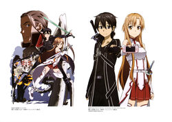  2boys absurdres adachi_shingo asuna_(sao) black_eyes black_hair bone brown_eyes brown_hair dark_repulser dual_wielding elucidator extra_eyes female glowing glowing_eyes handheld_game_console heathcliff_(sao) highres holding holding_sword holding_weapon kirito lambent_light long_hair long_legs long_sword looking_at_viewer monster multiple_boys official_art playstation_portable pleated_skirt rapier red_eyes red_skirt sheath sheathed skeleton skirt skull smile sword sword_art_online sword_on_back the_skull_reaper thighhighs weapon weapon_on_back 