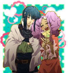  1boy :d ;( aqua_background belt blue_eyes blue_hair blush border capelet cloak closed_eyes commentary_request couple crossed_arms dark_skin female frown happy heads_together high_collar ikunosake index_fingers_raised index_fingers_together keele_zeibel looking_at_viewer meredy_(tales) one_eye_closed open_mouth ponytail purple_hair side-by-side smile straight tales_of_(series) tales_of_eternia teeth upper_body upper_teeth_only 