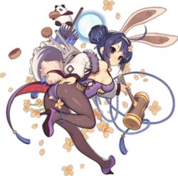  3: animal_ears anklet ass azur_lane black_hair black_pantyhose blue_ribbon blush breasts closed_mouth eyebrows eyelashes fake_animal_ears fake_tail female flower full_body full_moon fur_trim hair_bun hair_ribbon hairband high_heels jewelry kinjo_kuromomo leotard machinery medium_breasts moon ning_hai_(azur_lane) ning_hai_(moon_palace_rabbit)_(azur_lane) official_alternate_costume official_art panda pantyhose purple_eyes purple_footwear purple_hair purple_leotard rabbit_ears rabbit_tail ribbon short_hair sidelocks single_hair_bun solo tachi-e tail transparent_background turret white_hairband 