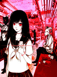  animal_head bad_id bad_pixiv_id black_hair feline female goat horns long_hair lynne_(vocaloid) photoshop_(medium) red_eyes red_theme reika_(iamreika) school_uniform stitches surreal train_interior vanishing_point vocaloid 