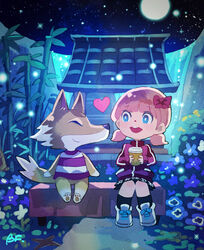  accessory animal_crossing anthro bf. black_nose canid canine canis chief_(animal_crossing) clothing detailed detailed_background duo female female_on_anthro fur hair hair_accessory heart_symbol human human_on_anthro interspecies male male/female male_on_human mammal nintendo pink_hair short_hair villager_(animal_crossing) wolf 