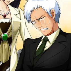  1boy clenched_teeth commentary_request female hachijou_ikuko hachijou_tooya jewelry lowres nae_(whitecake) necklace necktie spoilers tears teeth umineko_no_naku_koro_ni ushiromiya_battler white_hair 