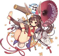  ahoge animal_ears ass azur_lane barefoot black_legwear braid breasts brown_hair cleavage_cutout clothing_cutout eyebrows eyelashes fake_animal_ears fake_tail feet female floating_hair flower full_body full_moon fur_trim hairband kine kinjo_kuromomo leotard long_hair machinery mallet moon official_alternate_costume official_art oil-paper_umbrella panda ping_hai_(azur_lane) ping_hai_(osmanthus_moon_rabbit)_(azur_lane) pink_eyes red_leotard small_breasts soles solo tachi-e tail toeless_legwear toes transparent_background turret umbrella white_hairband 