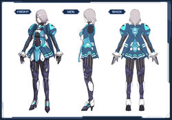  concept_art dress equestior female grey_hair high_heels miniskirt multiple_views pantyhose phantasy_star phantasy_star_online_2 short_dress simple_background skin_tight skirt standing thighhighs turnaround 