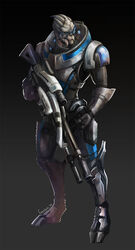  1boy 2014 alien black_sclera blue_eyes colored_sclera commentary english_commentary facepaint full_body garrus_vakarian gun highres m-92_mantis male_focus mass_effect_(series) mass_effect_3 photoshop_(medium) power_suit rifle scar scope scouter signature sniper_rifle solo sun_stark turian weapon 