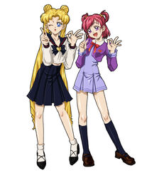  2girls bishoujo_senshi_sailor_moon blonde_hair crossover multiple_girls pink_hair precure pretty_cure school_uniform tsukino_usagi twintails wink yes!_precure_5 yes!_pretty_cure_5 yumehara_nozomi 