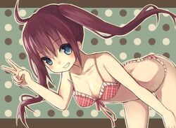  bad_id bad_pixiv_id bent_over bikini blue_eyes brown_hair female grin long_hair nekomo original smile solo swimsuit twintails v 