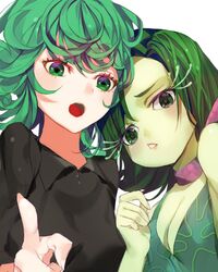  2girls :o bad_id bad_pixiv_id breasts chestnut_mouth cleavage color_connection colored_skin crossover disgust_(inside_out) dress eyelashes green_eyes green_hair green_skin hair_color_connection heads_together inside_out j_na looking_at_viewer multiple_girls one-punch_man pointing pointing_at_viewer scarf short_hair simple_background sleeveless small_breasts tatsumaki upper_body white_background 