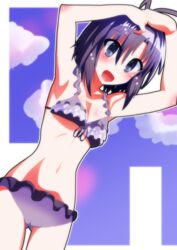  absurdres antenna_hair armpits arms_up bad_id bad_pixiv_id bikini black_eyes black_hair blush cameltoe cloud dutch_angle female front-tie_top hand_on_own_head highres idolmaster idolmaster_(classic) idolmaster_2 kikuchi_makoto navel nishisan_(mikurosu) open_mouth short_hair solo swimsuit vivid_bikini_(idolmaster) 