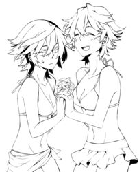  2girls bad_id bad_pixiv_id bikini breasts closed_eyes genderswap_(mtf) greyscale karasmo koide_natsuno line_art medium_breasts monochrome multiple_girls mutou_tooru open_mouth rule_63 shiki_(novel) short_hair smile swimsuit transparent_background 