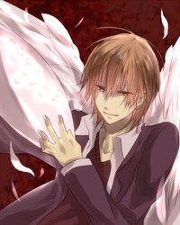  1boy ahoge angel_wings bad_id bad_pixiv_id bberry brown_hair commentary_request energy energy_wings equ.darkmatter falling_feathers feathered_wings feathers formal hair_ornament hands kakine_teitoku male_focus open_clothes open_shirt powered_suit_(toaru) psychic red_eyes science_fiction shirt smile solo sweater toaru_kagaku_no_dark_matter toaru_majutsu_no_index white_feathers white_wings wings 