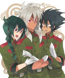  3boys androgynous bad_id bad_pixiv_id baddap_sleed braid camelot eska_bamel gloves green_hair holding inazuma_eleven inazuma_eleven_(series) male_focus military military_uniform mistorene_callus multiple_boys purple_eyes tattoo uniform white_hair 