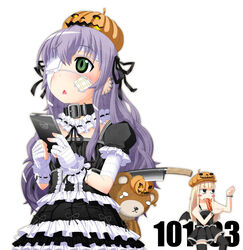  2girls :&lt; bandages bear black_eyes blonde_hair blush_stickers bracelet cellphone chemise choker cleaver commentary_request ear_piercing earrings eyepatch frills gothic_lolita green_eyes halloween highres iphone jack-o&#039;-lantern jewelry lolita_fashion long_hair looking_up multiple_girls original painttool_sai_(medium) phone piercing pumpkin purple_hair ribbon s_ibane smartphone stuffed_animal stuffed_toy thighhighs wings zettai_ryouiki 