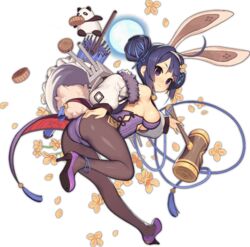  3: animal_ears anklet ass azur_lane black_hair black_pantyhose blue_ribbon blush breasts closed_mouth eyebrows eyelashes fake_animal_ears fake_tail female flower full_body full_moon fur_trim hair_bun hair_ribbon hairband high_heels jewelry kinjo_kuromomo leotard machinery medium_breasts moon ning_hai_(azur_lane) ning_hai_(moon_palace_rabbit)_(azur_lane) official_alternate_costume official_art panda pantyhose purple_eyes purple_footwear purple_hair purple_leotard rabbit_ears rabbit_tail ribbon short_hair sidelocks single_hair_bun solo tachi-e tail transparent_background turret white_hairband 