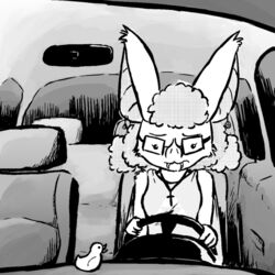  1:1 anthro bat black_and_white car clothing cross d20 d4 dice draconicmentalist eyewear female glasses hair inside_car mammal monochrome rubber_duck solo vehicle 