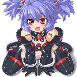  :d altines arm_support bad_id bad_pixiv_id bare_shoulders between_legs blush breasts busou_shinki cleavage dd_(ijigendd) doll_joints female hand_between_legs joints looking_at_viewer medium_breasts navel open_mouth purple_hair red_eyes short_hair short_twintails simple_background sitting smile solo twintails v_arms wariza white_background 