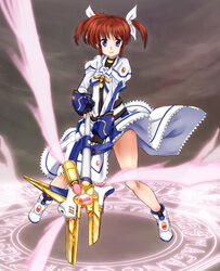  armor blue_eyes boots brooch brown_hair clothes_lift commentary_request crop_top female fighting_stance fingerless_gloves flat_chest gloves glowing hair_ribbon highres jewelry legs lyrical_nanoha magic_circle magical_girl mahou_shoujo_lyrical_nanoha mahou_shoujo_lyrical_nanoha_the_movie_1st raising_heart raising_heart_(cannon_mode) ribbon scharfschutze short_hair short_twintails skirt skirt_lift smile solo staff standing takamachi_nanoha takamachi_nanoha_(movie_1st_mode) turtleneck twintails weapon wind wind_lift wings 