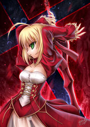  aestus_estus ahoge blonde_hair breasts cleavage commentary_request dress examheart fate/extra fate_(series) female green_eyes nero_claudius_(fate) nero_claudius_(fate/extra) photoshop_(medium) see-through short_hair signature solo sword weapon 