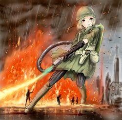  bad_id bad_pixiv_id blonde_hair blood church cloud cross female fire flamethrower gloves gun hakuaki handgun helmet military military_uniform original rain red_eyes short_hair smoke solo uniform weapon 