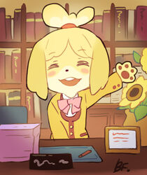  accessory animal_crossing anthro bf. black_nose blonde_hair book canid canine canis closed_eyes clothing desk domestic_dog female fur furniture hair hair_accessory happy isabelle_(animal_crossing) mammal nintendo open_mouth short_hair solo table uniform white_body white_fur yellow_body yellow_fur 