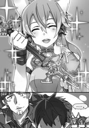  2boys 4girls animal_ears arm_strap armor asuna_(sao) asuna_(sao-alo) asymmetrical_sleeves bandana blush breastplate bunbun cat_ears cat_girl closed_eyes elf greyscale hair_between_eyes hair_ornament hair_ribbon hairclip highres holding holding_sword holding_weapon holy_sword_excalibur jealous kirito kirito_(sao-alo) klein_(sao) klein_(sao-alo) lisbeth_(sao) lisbeth_(sao-alo) monochrome multiple_boys multiple_girls novel_illustration official_art open_mouth pointy_ears ribbon short_hair_with_long_locks silica silica_(sao-alo) sinon smile sparkle sword sword_art_online uneven_sleeves unsheathed upper_body weapon wrist_ribbon 