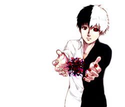  1boy asymmetrical_clothes bad_id bad_pixiv_id black_hair black_sclera blouse brown_eyes colored_sclera heterochromia kaneki_ken male_focus mismatched_sclera multicolored_hair nail_polish outstretched_arms red_eyes red_nails shirt solo tokyo_ghoul transformation white_background white_hair xino 