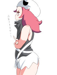  ass bandana bare_arms commentary_request crossed_arms female flat_ass hat highres long_hair myouji_namawe open_mouth pink_eyes pink_hair pokemon pokemon_sm shirt short_shorts shorts simple_background skull skull-shaped_hat sleeveless sleeveless_shirt solo standing team_skull team_skull_grunt translation_request white_background white_shorts 