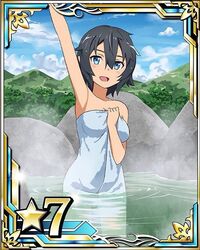  arm_up armpits bad_source black_hair blue_eyes breasts card_(medium) cleavage collarbone female hair_between_eyes medium_breasts naked_towel official_art onsen philia_(sao) philia_(sao-alo) short_hair solo star_(symbol) steam sword_art_online sword_art_online:_code_register towel wading 