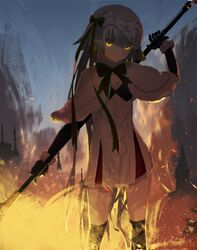  absurdres asteroid_ill bad_id bad_twitter_id bell black_gloves black_thighhighs bow capelet closed_mouth commentary cowboy_shot fate/grand_order fate_(series) female fire fur_trim gloves green_ribbons hair_ribbon headpiece highres holding holding_polearm holding_weapon jeanne_d&#039;arc_alter_santa_lily_(fate) long_hair looking_at_viewer polearm ribbon shadowed solo spear standing striped striped_bow striped_ribbon thighhighs weapon yellow_eyes 