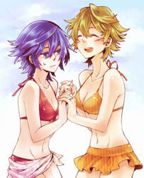  2girls bikini blonde_hair blue_eyes breasts closed_eyes colorized commentary_request fuuka_(fukasheu) genderswap_(mtf) koide_natsuno medium_breasts multiple_girls mutou_tooru open_mouth photoshop_(medium) purple_hair rule_63 shiki_(novel) short_hair smile swimsuit 