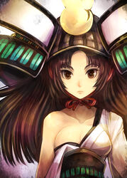  breasts brown_eyes brown_hair cleavage collarbone commentary_request female hadanugi_dousa helmet japanese_clothes kara_(color) kimono long_hair medium_breasts oboro_muramasa open_clothes open_kimono solo torahime 