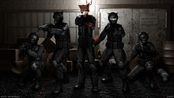  16:9 3d_(artwork) anthro armor assault_rifle black_body black_fur black_nose blue_eyes brown_body brown_eyes brown_fur canid canine canis clothing cougar dan_scarlet digital_media_(artwork) dobermann domestic_dog felid feline fox fur green_eyes group gun headgear helmet hi_res husky looking_at_viewer male mammal military nordic_sled_dog pinscher procyonid raccoon ranged_weapon red_body red_fur rifle shotgun spitz swat text weapon white_body white_fur 