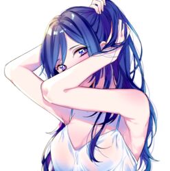  absurdres alternate_hairstyle arms_up bare_arms bare_shoulders blue_hair blush breasts camisole cleavage commentary_request covered_mouth female hair_down hand_in_own_hair hands_on_own_head head_tilt highres long_hair looking_at_viewer love_live! love_live!_sunshine!! matsuura_kanan medium_breasts nerunnn purple_eyes simple_background solo spaghetti_strap tying_hair upper_body white_background 