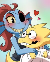  2015 4:5 alphys anthro blush clothed clothing coat coffgirl duo eyewear glasses heart_symbol lab_coat lizard marine reptile scalie simple_background smile topwear undertale undertale_(series) undyne 