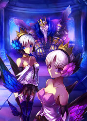  1boy 2girls armor bare_shoulders beard blue_eyes breasts cape choker cleavage collarbone commentary_request crown dress facial_hair father_and_daughter griselda_(odin_sphere) gwendolyn_(odin_sphere) hair_bun kara_(color) large_breasts looking_at_viewer low_wings medium_breasts moustache multiple_girls odin_(odin_sphere) odin_sphere purple_eyes siblings single_hair_bun sisters sitting strapless strapless_dress thighhighs throne tiara valkyrie white_hair wings 