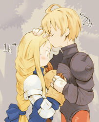  1boy agrias_oaks armor b.tarou blonde_hair blush braid closed_eyes couple female final_fantasy final_fantasy_tactics kissing knight long_hair lowres photoshop_(medium) ramza_beoulve single_braid spikes straight yellow_eyes 