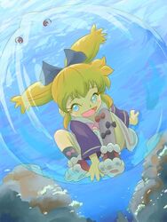  :d air_bubble blonde_hair bubble commentary_request diving female floating_hair full_body fushigi_mahou_fun_fun_pharmacy in_bubble long_hair long_sleeves ohyo open_mouth popuri_(fushigi_mahou_fun_fun_pharmacy) rock smile solo underwater water 