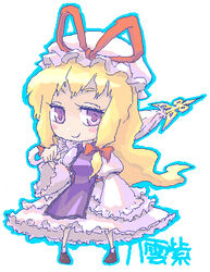  blonde_hair blue_outline blush_stickers character_name chibi closed_mouth closed_umbrella dress female full_body hat hat_ribbon long_hair lowres mob_cap no_nose oekaki outline parasol purple_eyes red_ribbon ribbon roku_(warrock) solo standing touhou umbrella white_hat wide_sleeves yakumo_yukari 