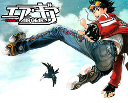  1boy air_gear back bird black_eyes black_hair cloud cover crow denim eyewear_on_head fingerless_gloves from_behind gloves highres inline_skates jacket jeans jewelry jumping kuu_(air_gear) male_focus minami_itsuki necklace non-web_source oogure_ito pants photoshop_(medium) pointing roller_skates skates skull_and_crossbones sky spiked_hair sunglasses 