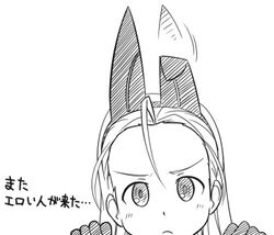  afterimage ahoge blush closed_mouth elise_von_dietrich female forehead frown greyscale hair_between_eyes hairband head_tilt looking_at_viewer lowres monochrome motion_lines peeping photoshop_(medium) sketch sky_girls solo translated youkan 