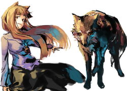  animal animal_ears female holo long_hair multiple_views myu_(neorosi) solo_focus spice_and_wolf tail wolf wolf_ears wolf_girl wolf_tail 