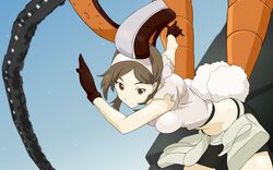  animal_ears artist_request brown_eyes brown_hair carrot densha_otoko female getsumento_heiki_miina highres midriff rabbit_ears solo tsukishiro_mina 