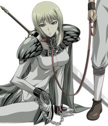  armor blonde_hair chains clare_(claymore) claymore_(series) collar cuffs female grey_eyes holding holding_leash leash lowres pauldrons short_hair shoulder_armor sitting solo_focus sword takapiko weapon 