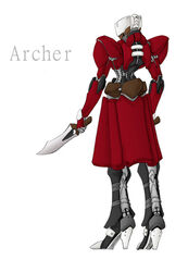  archer_(fate) armor character_name dagger dual_wielding fate/stay_night fate_(series) five_star_stories from_behind holding holding_weapon knife mecha no_humans parody robot simple_background standing weapon white_background zou_azarashi 