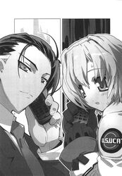  1boy blush cellphone female greyscale hair_strand heo_thunderson highres monochrome owari_no_chronicle phone satoyasu sayama_mikoto 