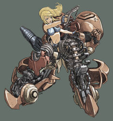  armor blonde_hair breasts commentary crop_top english_commentary female gun handgun james_chung metroid midriff photoshop_(medium) power_armor samus_aran solo sports_bra varia_suit weapon 