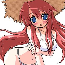  :p aty_(summon_night) bikini blue_eyes blush breasts chirorian commentary_request female hat large_breasts long_hair lowres navel oekaki red_hair solo straw_hat summon_night summon_night_3 sun_hat swimsuit tongue tongue_out white_bikini 