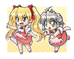  2girls ahoge artist_request blonde_hair blue_eyes chibi daikuuji_ayu kimi_ga_nozomu_eien long_hair multiple_girls pointing short_hair tamano_mayu twintails waitress 